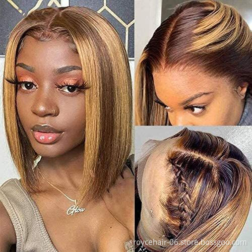Wholesale P4/27 Ombre Straight Hair Bob Wig, Short Highlight Indian Virgin Human Hair Transparent T Shape Lace Wig For Women